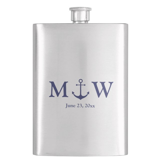 Wedding nautical anchor navy blue monogram favours hip flask (Front)