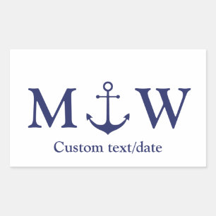 Wedding nautical anchor navy blue monogram favours rectangular sticker