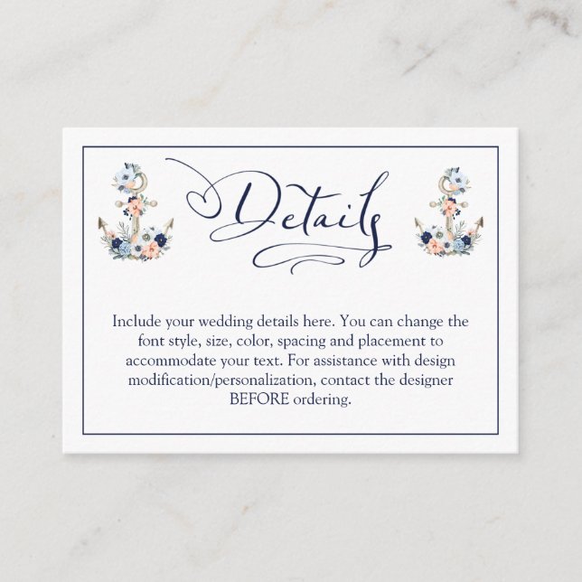 Wedding Nautical Anchor Navy Blue Peach Details Enclosure Card (Front)