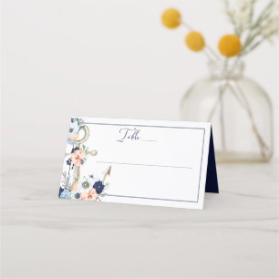Wedding Nautical Anchor Navy Blue Peach Floral Place Card