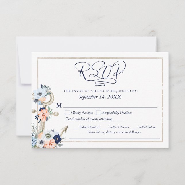 Wedding Nautical Anchor Navy Blue Peach Menu RSVP (Front)