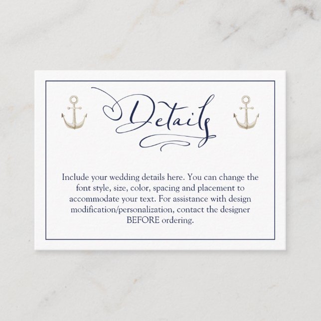 Wedding Nautical Anchor Navy Blue Script Details Enclosure Card (Front)