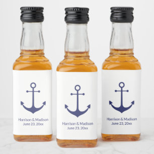 Wedding nautical anchor navy blue white elegant liquor bottle label