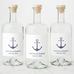 Wedding nautical anchor navy blue white elegant liquor bottle label