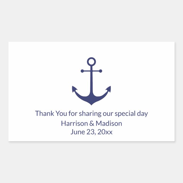 Wedding nautical anchor navy blue white favours rectangular sticker (Front)
