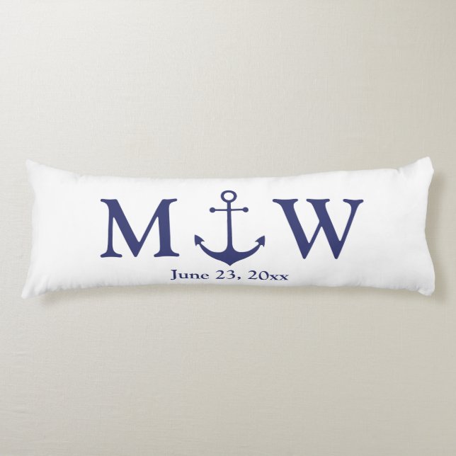 Wedding nautical anchor navy blue white monogram body cushion (Front)
