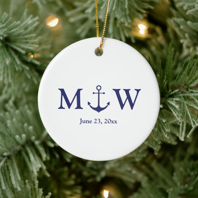 Wedding nautical anchor navy blue white monogram ceramic ornament (Tree)