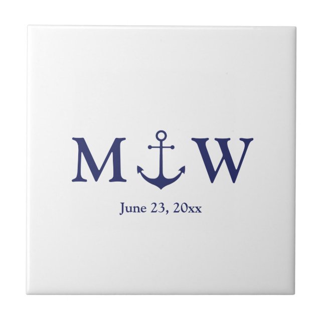 Wedding nautical anchor navy blue white monogram ceramic tile (Front)