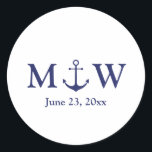 Wedding nautical anchor navy blue white monogram classic round sticker<br><div class="desc">Wedding nautical anchor navy blue and white monogram initials gift favours Classic Round Stickers,  labels,  seals
Minimalist elegant design
customisable text
check the rest of the collection for favours,  gift tags,  stickers,  seals,  labels,  party supplies,  gift bags,  gift boxes,  cards,  etc
great for seaside ocean beach coastal style Weddings</div>