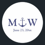 Wedding nautical anchor navy blue white monogram classic round sticker<br><div class="desc">Wedding nautical anchor navy blue and white monogram initials gift favours Classic Round Stickers,  labels,  seals
Minimalist elegant design
customisable text
check the rest of the collection for favours,  gift tags,  stickers,  seals,  labels,  party supplies,  gift bags,  gift boxes,  cards,  etc
great for seaside ocean beach coastal style Weddings</div>