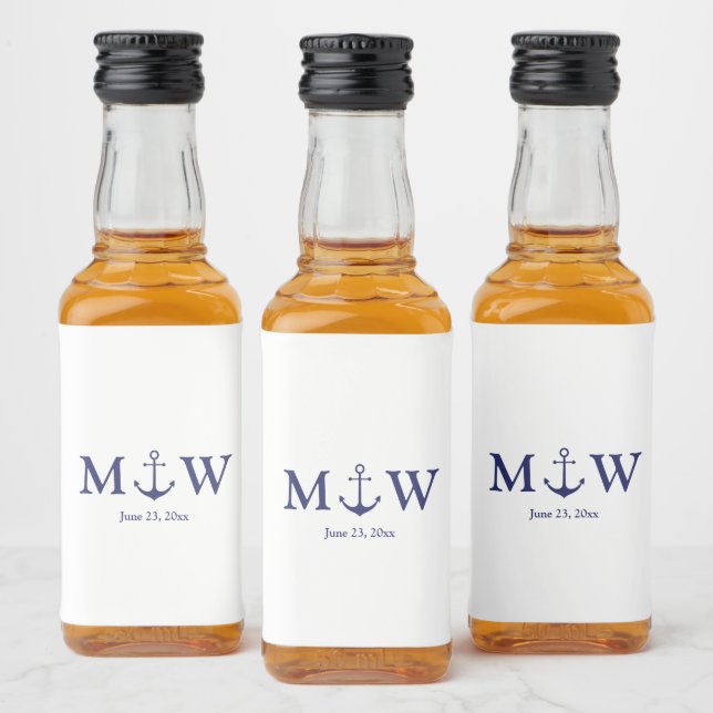 Wedding nautical anchor navy blue white monogram liquor bottle label (Bottles)