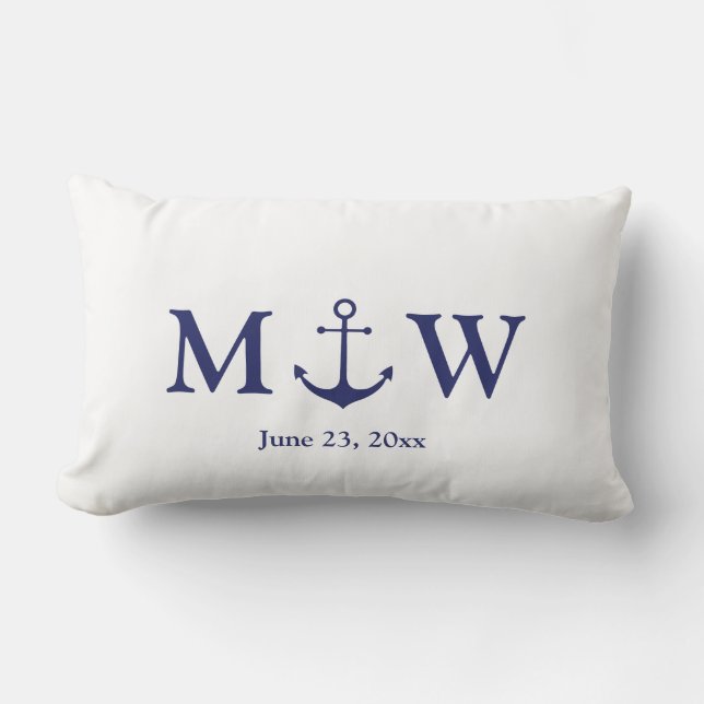 Wedding nautical anchor navy blue white monogram lumbar cushion (Front)