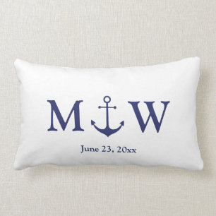 Wedding nautical anchor navy blue white monogram lumbar cushion