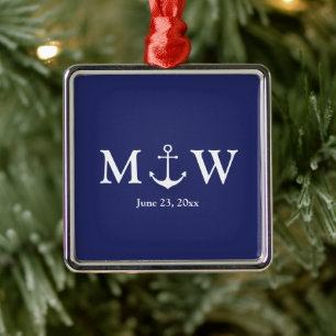 Wedding nautical anchor navy blue & white monogram metal ornament