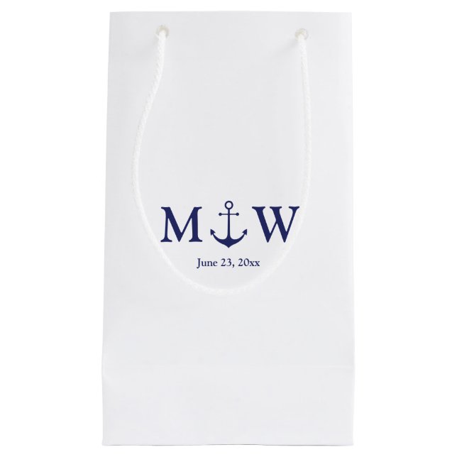 Wedding nautical anchor navy blue white monogram small gift bag (Front)