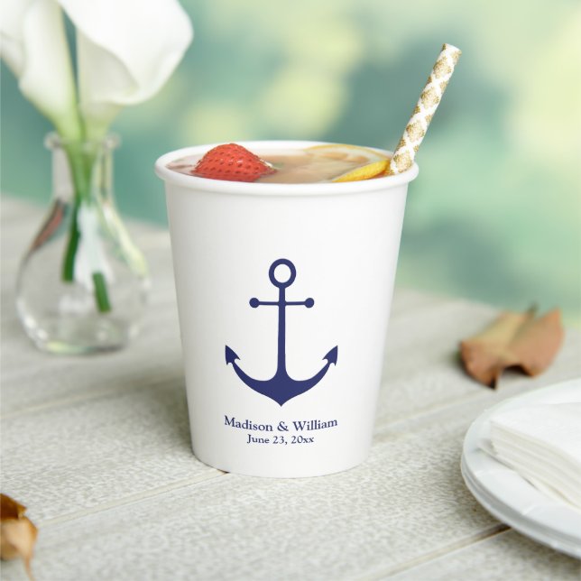 Wedding nautical anchor navy blue white name date paper cups (Insitu)