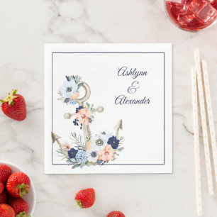 Wedding Nautical Anchor Navy Peach Floral Names Napkin