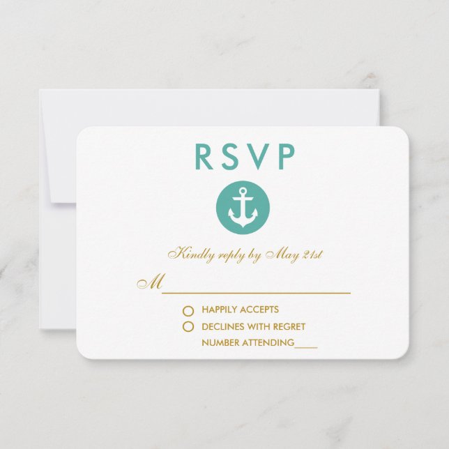 Wedding Nautical Anchor Teal RSVP Gold Card (Front)