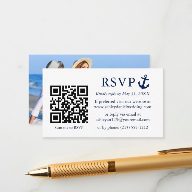 Wedding Nautical Blue Anchor RSVP QR Photo Enclosure Card (Front/Back In Situ)