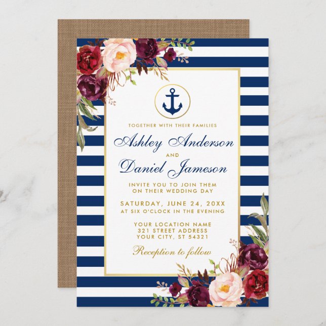 Wedding Nautical Blue Stripes Burgundy Invite B (Front/Back)