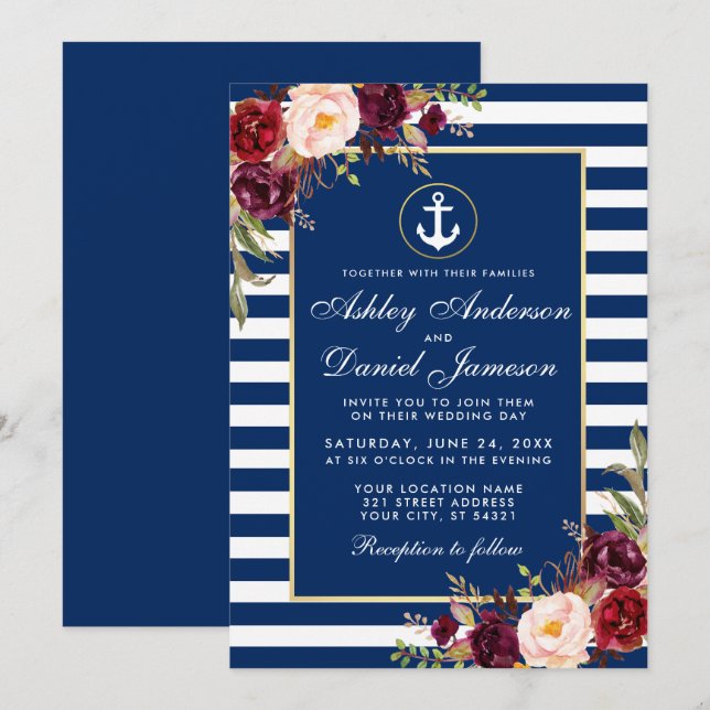 Wedding Nautical Blue Stripes Burgundy Invite B (Front/Back)