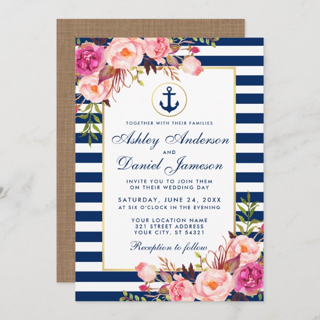 Wedding Nautical Blue Stripes Floral Pink Invite B (Front/Back)