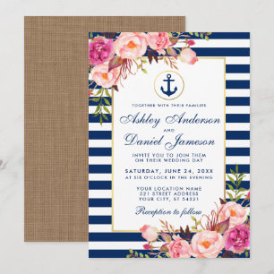 Wedding Nautical Blue Stripes Floral Pink Invite B