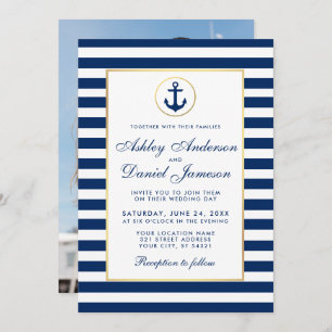 Wedding Nautical Blue Stripes Invite B Photo Back