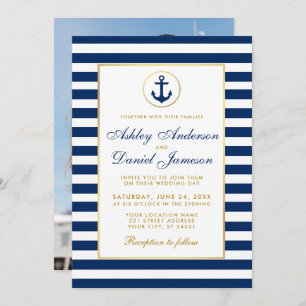 Wedding Nautical Blue Stripes Invite BG Photo Back