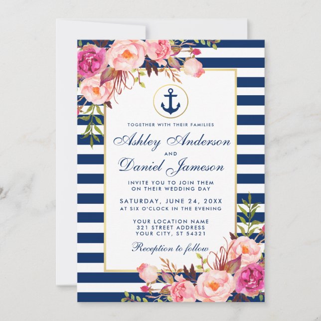 Wedding Nautical Blue Stripes Pink Floral Invite (Front)
