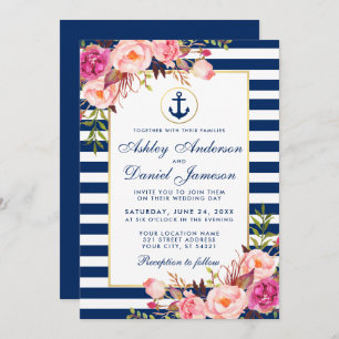 Wedding Nautical Blue Stripes Pink Floral Invite B
