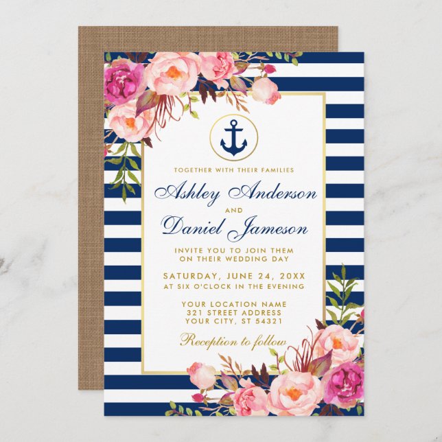 Wedding Nautical Blue Stripes Pink Floral Invite B (Front/Back)