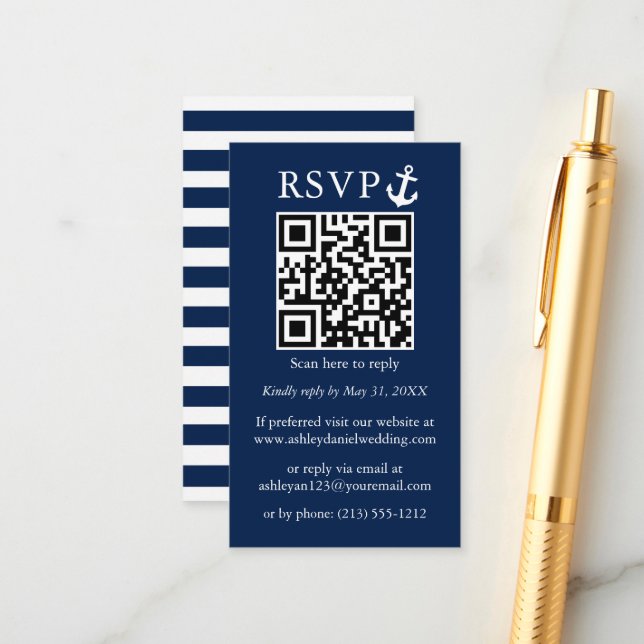 Wedding Nautical Navy Blue Anchor QR RSVP Striped Enclosure Card (Front/Back In Situ)