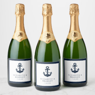 Wedding Nautical Navy Blue Boat Name Anchor Sparkling Wine Label