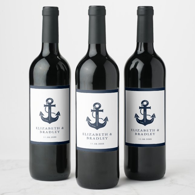 Wedding Nautical Navy Blue Custom Boat Name Wine Label (Bottles)
