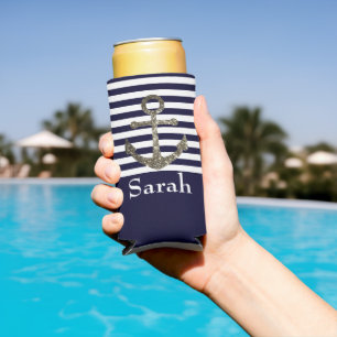 Wedding Nautical Sailing Anchor Name Sparkle Seltzer Can Cooler