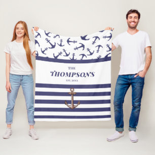 Wedding Nautical White Anchor Blue Stripe Monogram Fleece Blanket