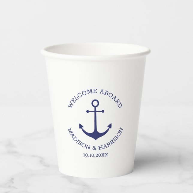 Wedding navy blue and white nautical anchor names paper cups (Front)