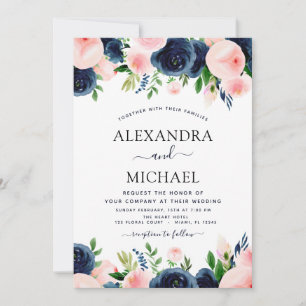 Wedding Navy Blue Blush Pink Elegant Floral Invitation