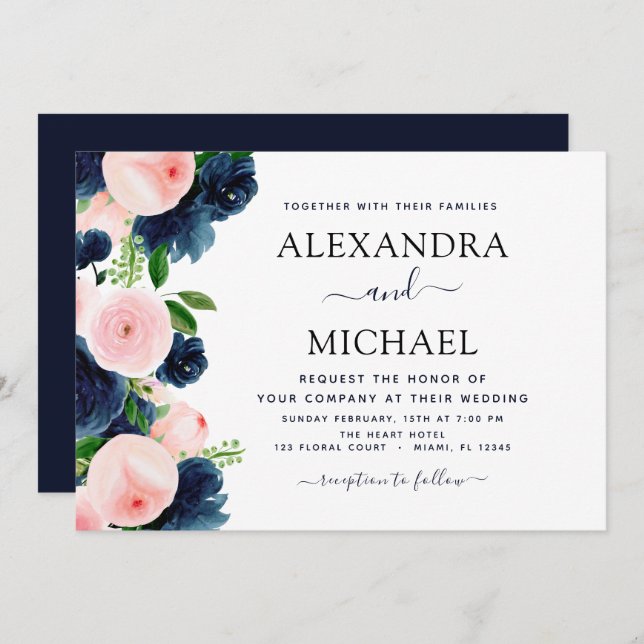 Wedding Navy Blue Blush Pink Elegant Floral Invitation (Front/Back)
