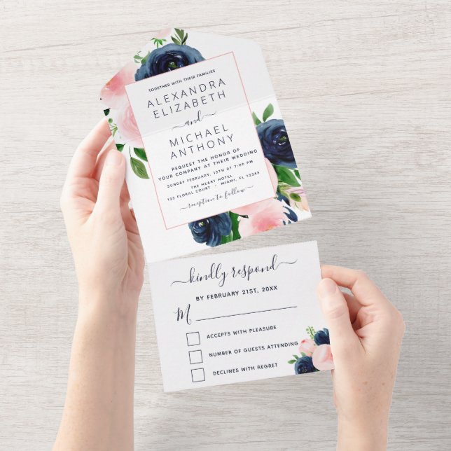 Wedding Navy Blue Blush Pink Floral All In One Invitation (Tearaway)