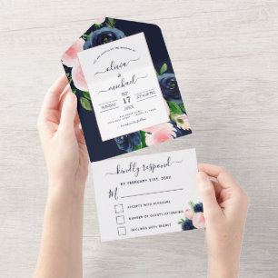 Wedding Navy Blue Blush Pink Floral  All In One Invitation