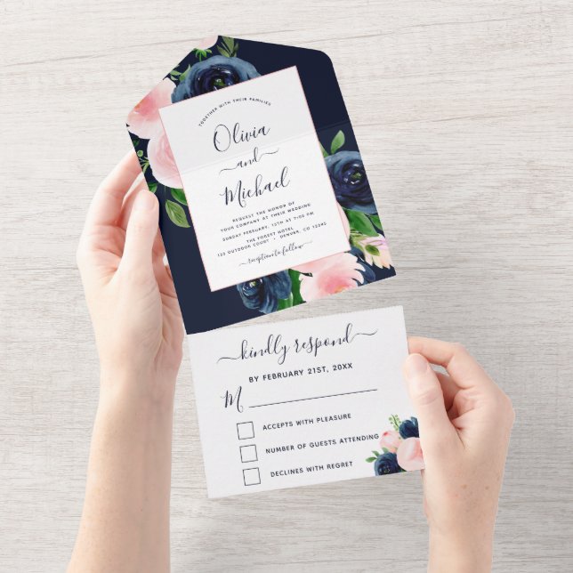 Wedding Navy Blue Blush Pink Floral RSVP All In One Invitation (Tearaway)