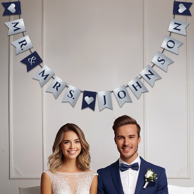 Wedding Navy Blue Faux Silver Hearts Mr. and Mrs. Bunting (Creator Uploaded)
