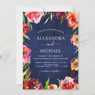 Wedding Navy Blue Floral Elegant Watercolor Invitation