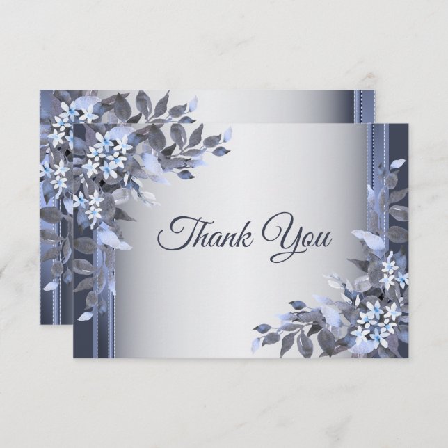 Wedding Navy Blue Floral Silver Elegant Thank You Card (Front/Back)