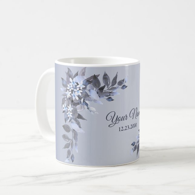 Wedding Navy Blue Floral Silver Gray Party Elegant Coffee Mug (Front Left)