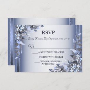 Wedding Navy Blue Floral Silver Gray Party RSVP Card
