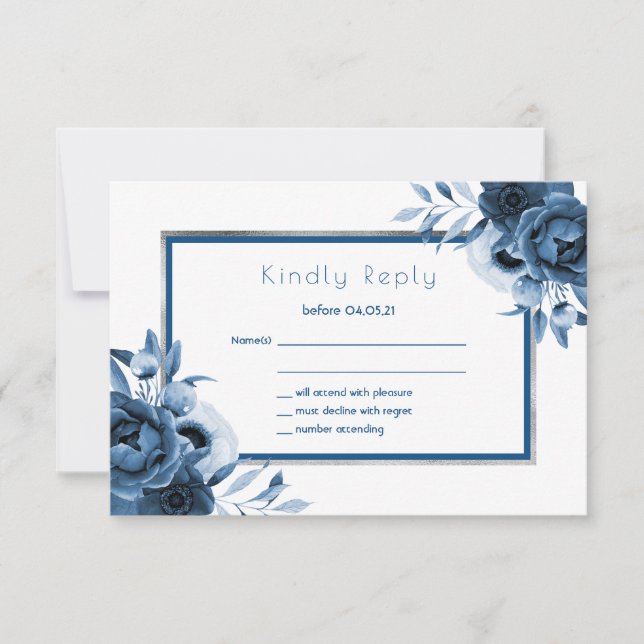 Wedding navy blue florals chic white RSVP Card (Front)