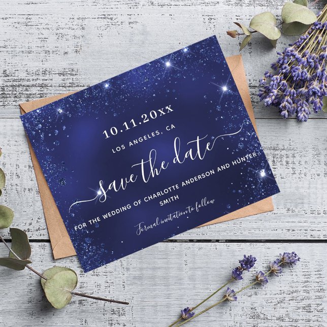 Wedding navy blue glitter sparkle budget save date flyer (Creator Uploaded)